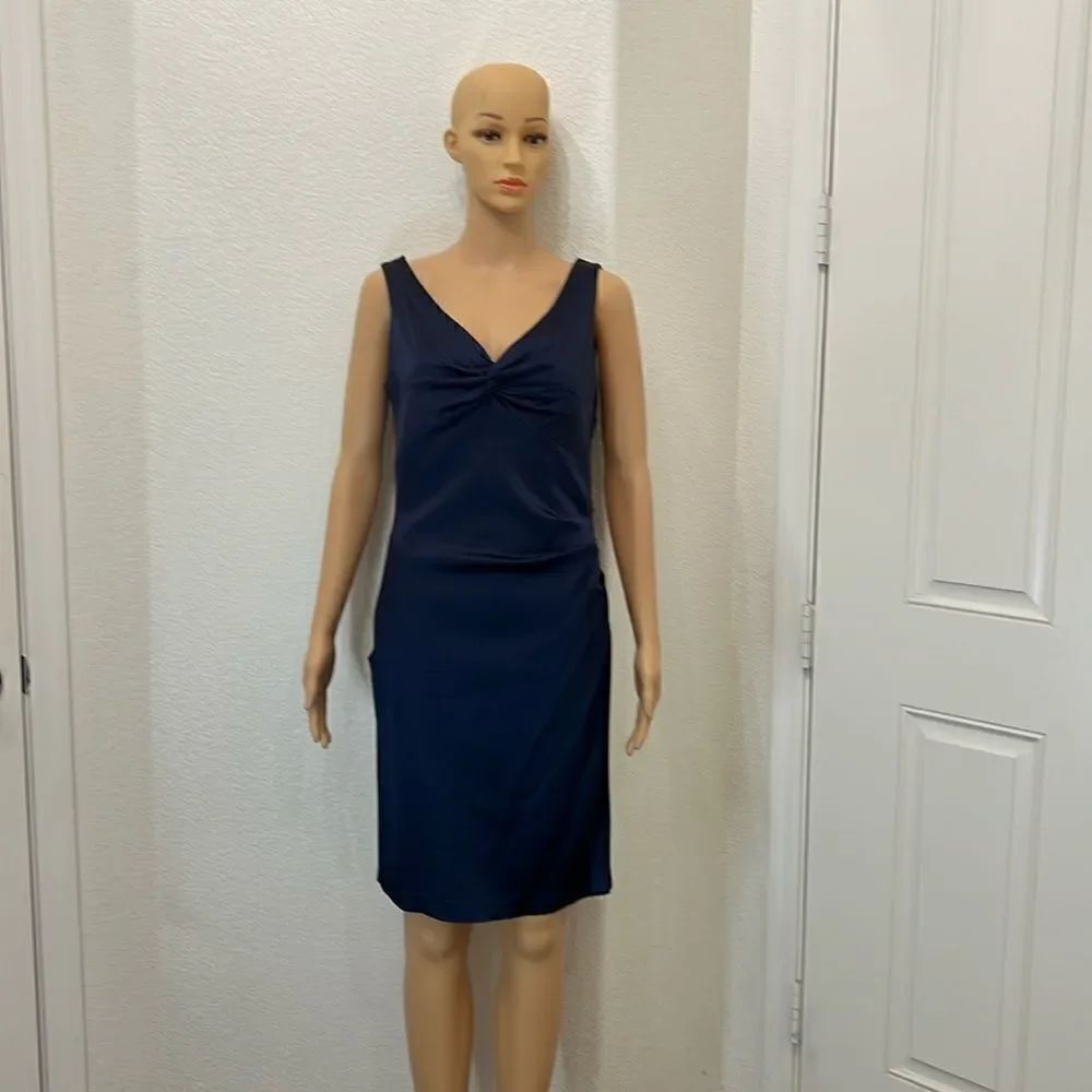 Marc New York Andrew Marc Woman’s Dress Navy Blue VNeck Sleeveless Ruched Midi